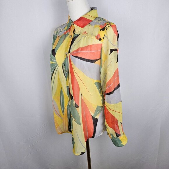 NEW Figueroa & Flower Shirt Petite Medium Sheer Tropical Floral Button Yellow - Picture 2 of 11